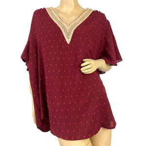 Shein Curve Women's Burgundy Dark Red Polka Dot Short Sleeve Lace Top Size 4XL